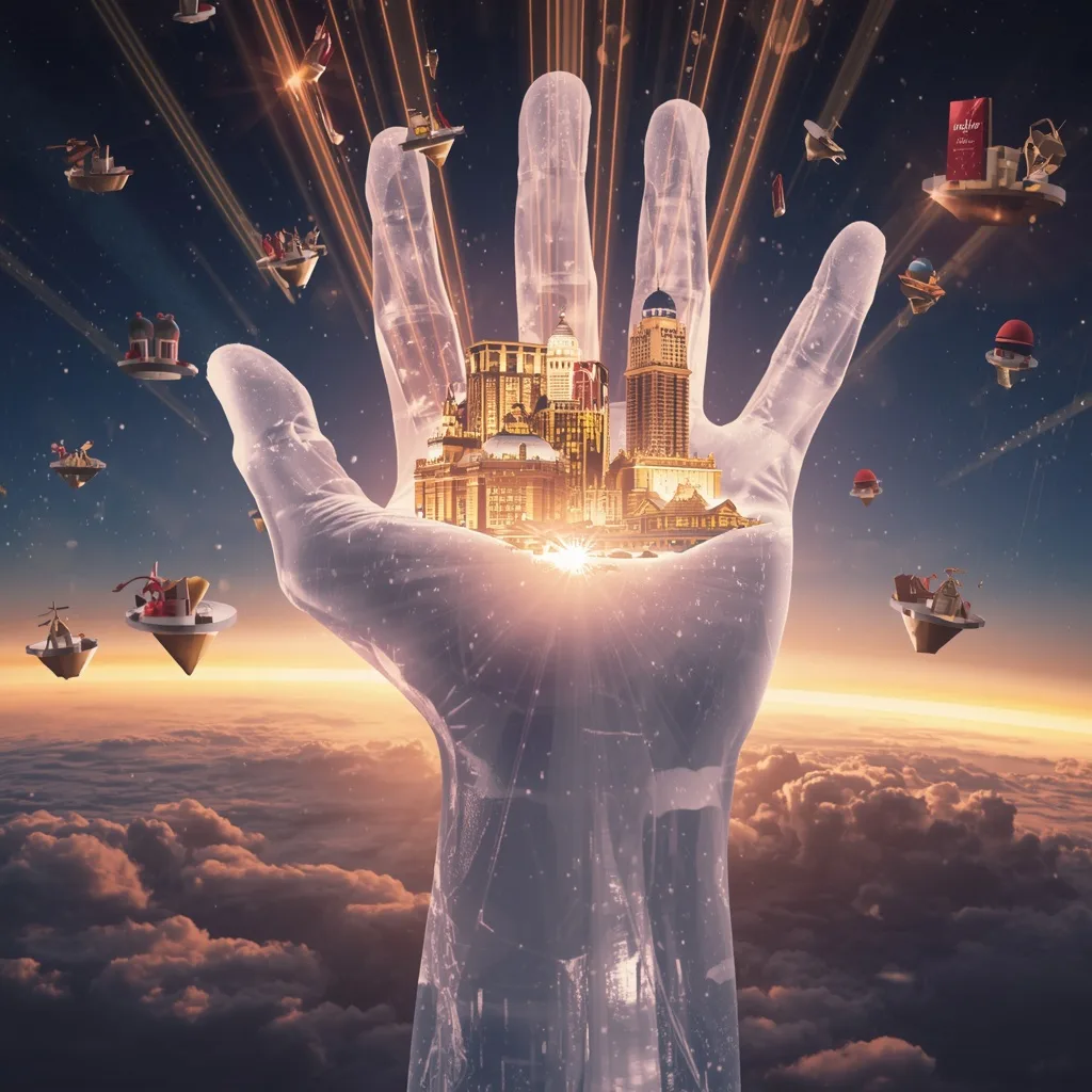 Giant Luxury Crystal Hand Releasing Floating Gourmet Dream Cities Design – Dynamic Sports Stadium Atmosphere prompts – AI generated example