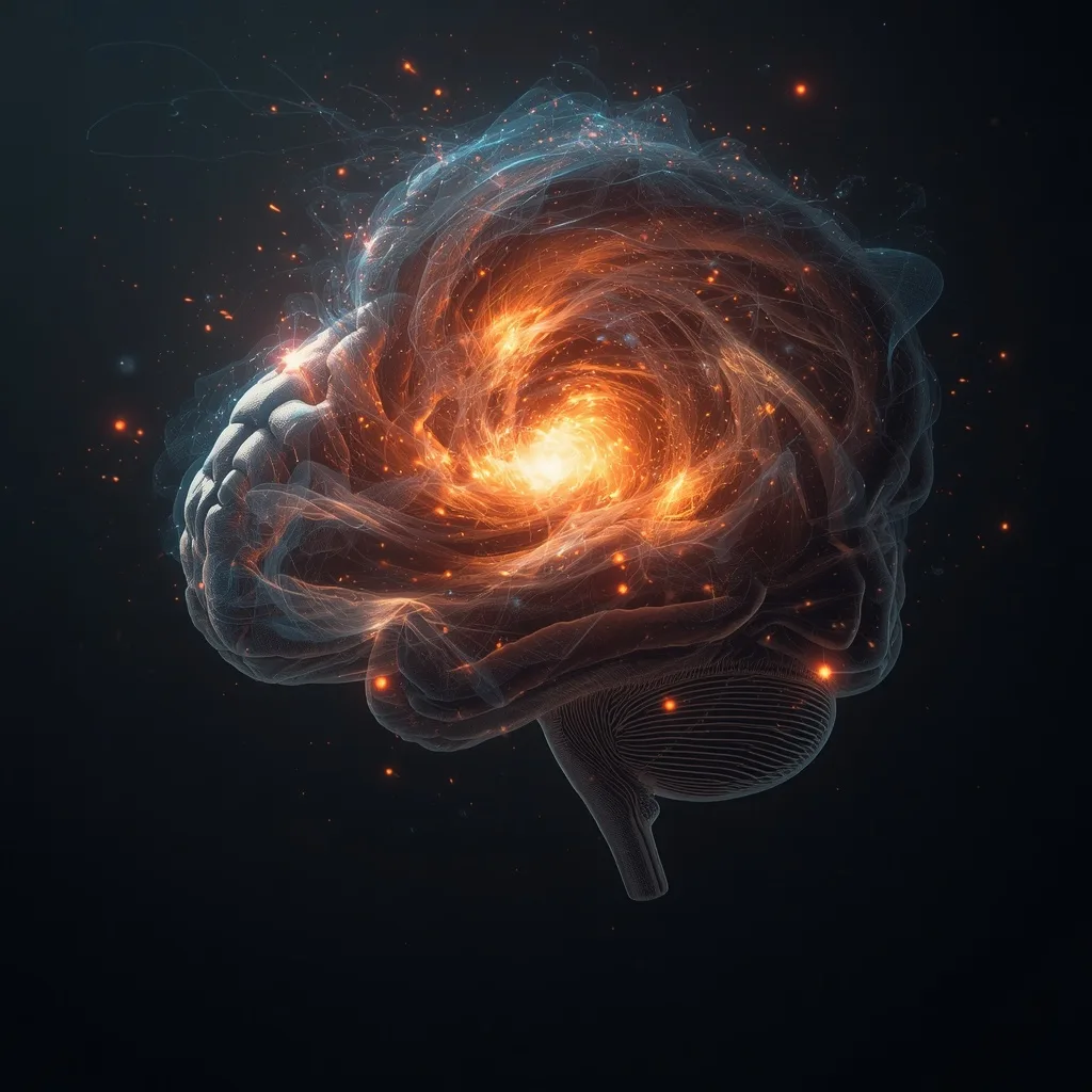 Metaphysical Anatomy: A Human Brain Exploding into a Swirling Supernova – Dynamic Sports Stadium Atmosphere prompts – AI generated example